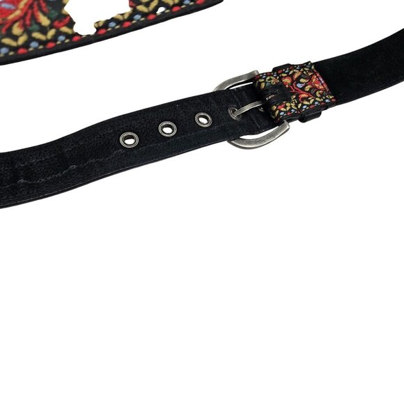Vintage Floral Embroidered Leather Belt Silver Buckle Boho Tapestry Woven 32 - Picture 3 of 8